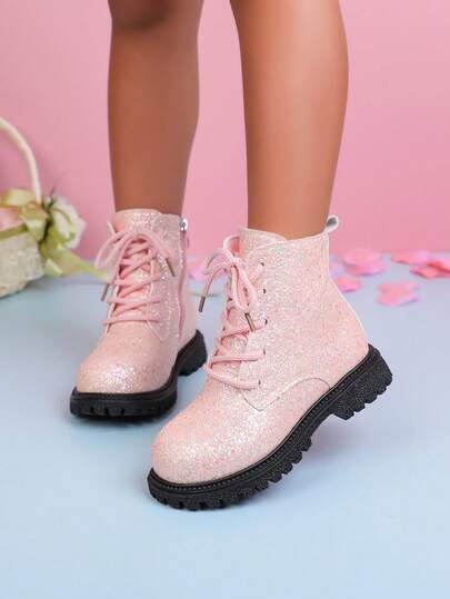 1 Pair Children's Fashion Casual Non-Slip Boots, Solid Color Shiny Lace-Up Design, Side Zipper Girls' Boots Suitable For Travel And Vacation (Random Sole)