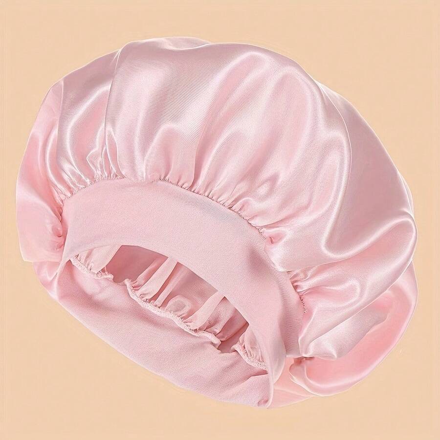 Ladies Ribbon Headscarf, Elastic Band Hood For Curly And Straight Hair, Wide-Brimmed Nightcap, Shower Cap, Dry Hair Cover, 100% Polyester, Grease Clean, Comfortable Wear - 淺粉色 - 查看 1