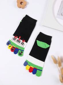 Cartoon Cat & Piano Key Pattern Toe Socks - Multicolor - View 3