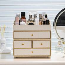 1pc Multi-Drawer Makeup Storage Box, Desktop Organizer, Woven Jewelry Box, Compartmentalized Cosmetic Storage, Large Capacity Makeup Display Rack, Leather Woven Texture Storage Container, Handmade Skincare Bottle & Jar Holder, Suitable For Home Organization, Entryway, Living Room, Bedroom, Vanity