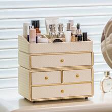1pc Multi-Drawer Makeup Storage Box, Desktop Organizer, Woven Jewelry Box, Compartmentalized Cosmetic Storage, Large Capacity Makeup Display Rack, Leather Woven Texture Storage Container, Handmade Skincare Bottle & Jar Holder, Suitable For Home Organization, Entryway, Living Room, Bedroom, Vanity