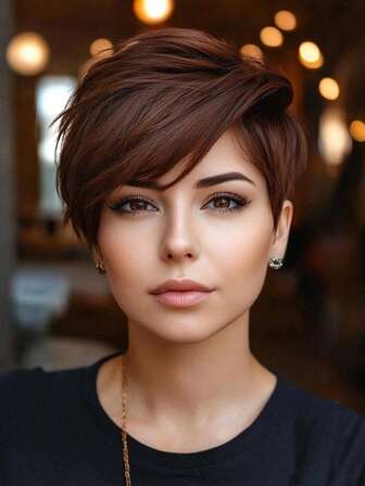 Peruci scurte maro Pixie Cut pentru femei cu breton, elegant, stratificat, perucă scurtă, dreaptă, sintetică, fără dantelă, peruci rezistente la căldură, pentru utilizare zilnică