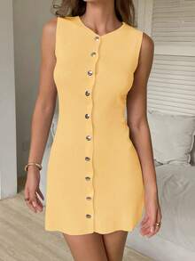 FOR BEAUTY 女士针织迷你连衣裙，优雅度假风，性感V领短款连衣裙，春夏新品 - 淺黃 - 查看 3