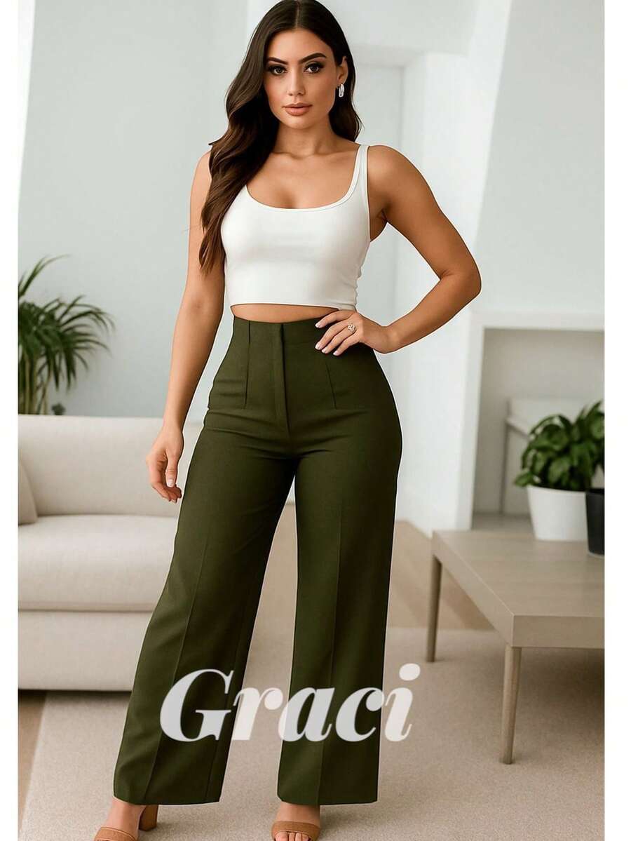 Pantalón Acampanado de Pinzas - Verde Oscuro - Ver 1
