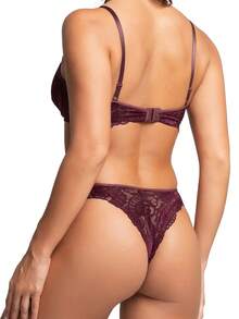 Lace Lingerie Set: Underwired Bra With Lining And Veronica Thong Panties - 酒紅色 - 查看 4