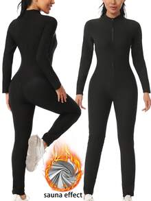 Women's Solid Color Waist Training Bodysuit, Tight Fitness Top, Sauna Slimming Jumpsuit - Silver - View 1