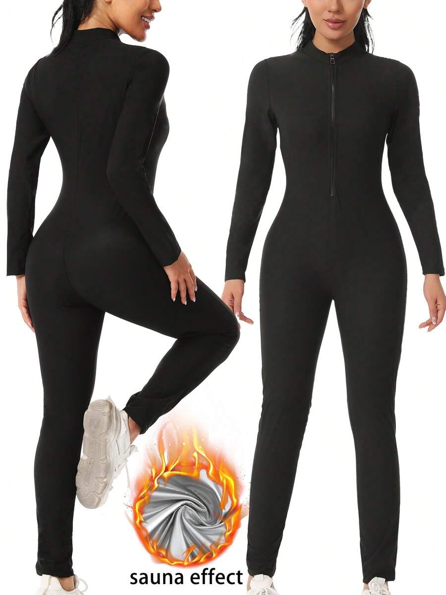 Women's Solid Color Waist Training Bodysuit, Tight Fitness Top, Sauna Slimming Jumpsuit - Silver - View 1