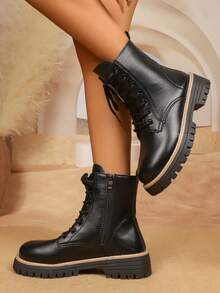 1 Pair Vintage Boots, Girl's Fashion Outdoor Hiking Short Boots, Anti-Slip Durable Lace-Up Boots, Kick-Proof Side Zipper Ankle Boots