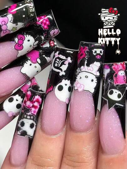 Sanrio Sanrio Halloween Evil Hello Kitty 24pcs Medium Square 3d Gel Sanrio Glitter French Tip Press On Short Nails With Hello Kitty,Kuromi ,Star,Bow And Ghost Decoration,Glitter Design, Halloween Girl Style,Fit Perfectly Acrylic Fake Nail Set,Contain 1pc Jelly Glue And 1pc Nail File ,Sanrio Nails For Women And Girls Daily Life And Party Use