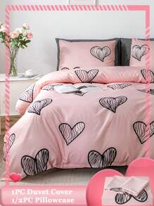 2/3pcs Soft 100% Polyester Pink Heart Print Pillowcase And Duvet Cover Set (1/2 Pillowcase + 1 Duvet Cover), No Filler, Perfect Decoration For Bedroom, Hotel - Pink - View 1