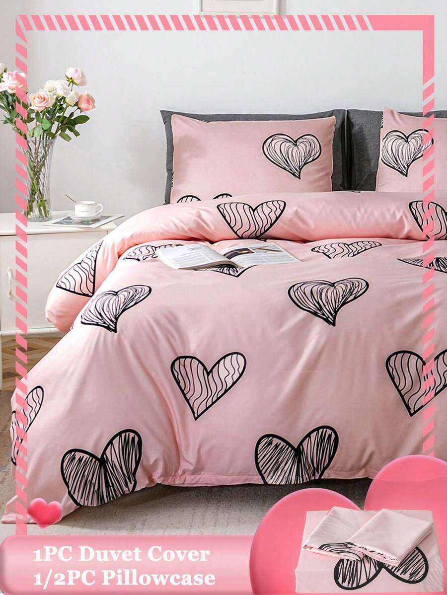 2/3pcs Soft 100% Polyester Pink Heart Print Pillowcase And Duvet Cover Set (1/2 Pillowcase + 1 Duvet Cover), No Filler, Perfect Decoration For Bedroom, Hotel - Pink - View 1