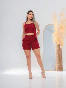 conjunto de cropped com shortes  elegante de tecido novo  C3171 - Vinho - Visão 5