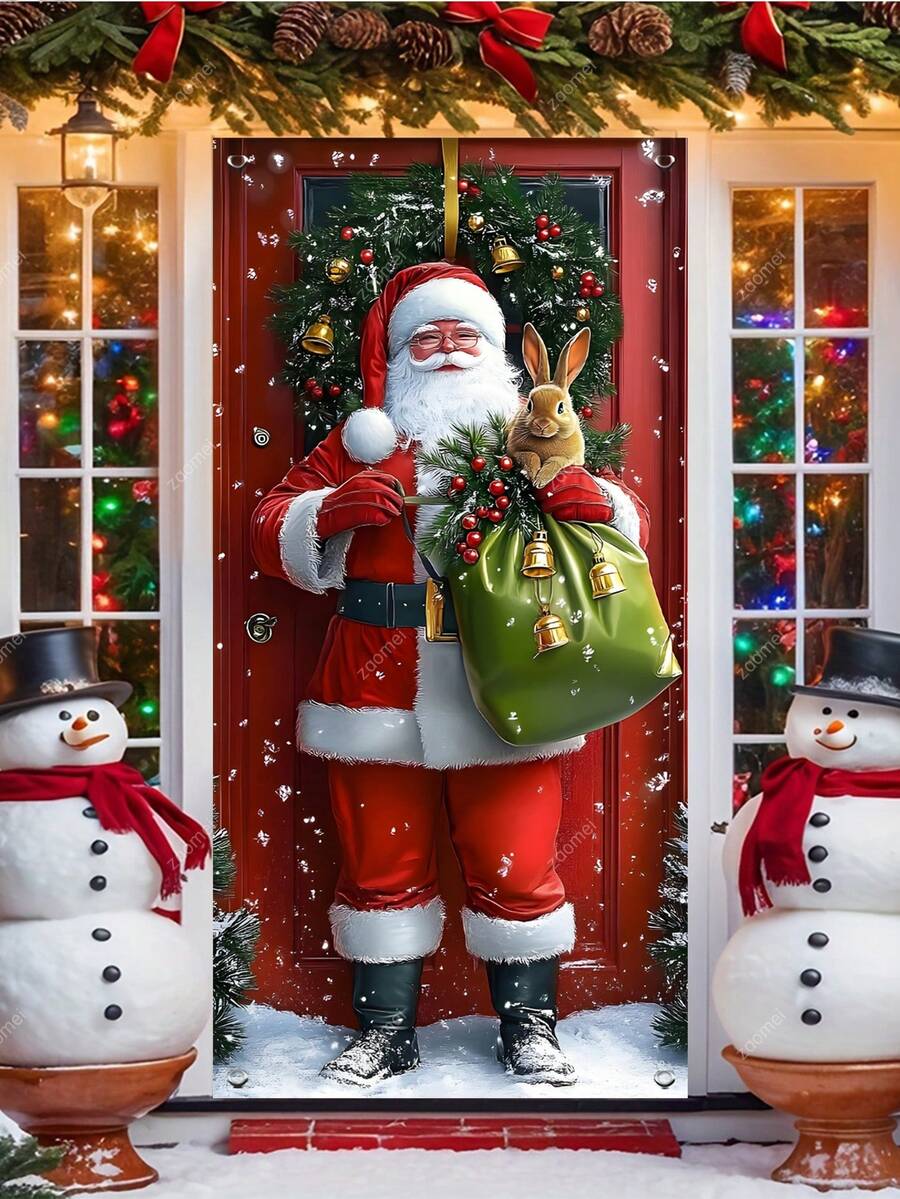 1pc Christmas Santa Claus & Rabbit Snowy Landscape Polyester Door Banner, Holiday Hanging Decor, Suitable For Christmas New Year Home/Shop Door Wall Decoration - Multicolor - View 1
