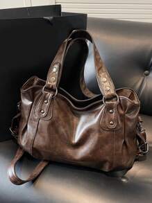 大容量纯色女士单肩包，时尚女士手提包，空间宽敞，可个性化定制，适合日常使用、上学、外出、购物、送礼、旅行、通勤等场合。 - 咖啡 - 查看 8