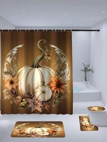 1/4 Pcs Pumpkin Autumn Thanksgiving Shower Curtain Set, Watercolor Floral Pumpkin Bathroom Set For Autumn Thanksgiving Harvest, Includes Shower Curtain And Rug, Waterproof Polyester Fabric Shower Curtain Bathroom And Home Decor, With 12 Hooks, Thanksgiving Decor, Autumn Decor, Halloween, Christmas Decorations Bathroom Decor