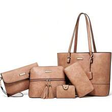 Bolso bandolera de patchwork de bloques de color, bolso de mano para mujeres, 5 piezas, diseño casual adecuado para la escuela y el trabajo. - 1-4 Rosa y Albaricoque - Ver 8