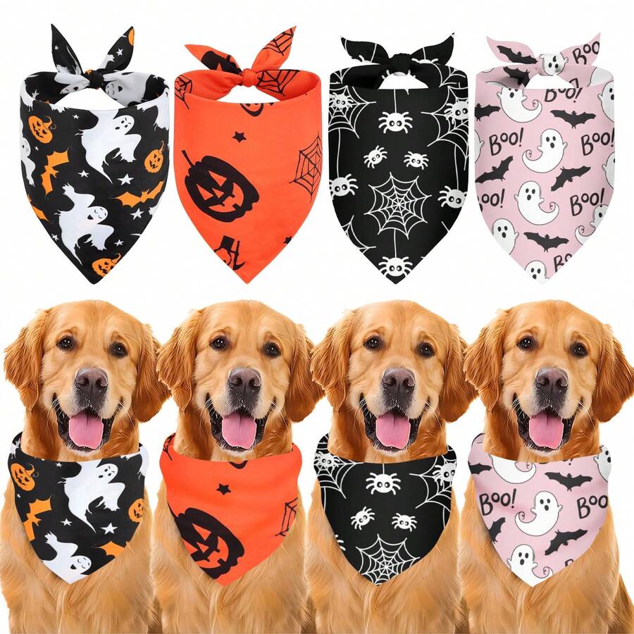 Halloween Pet Bandana, Ghost Candy Pumpkin Triangle Scarf, Suitable For Small Dogs And Cats, For Halloween, Day Of The Dead Holiday Party Decor, Made Of Thin Polyester Fabric