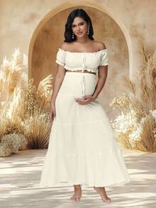 JustVH 2pcs/Set Maternity Off-Shoulder Ruffle Hem Crop Top And Flowing Maxi Skirt Set, Suitable For Photography And Beach Wear