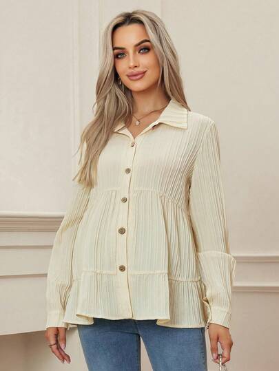 纯色长袖荷叶边下摆休闲孕妇衬衫