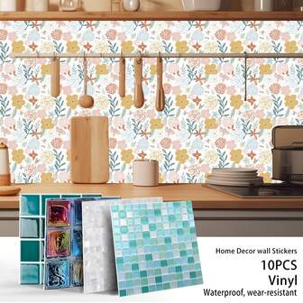 20x20cm自粘可移除PVC瓷砖贴纸（10张），几何图案光滑可移除阻燃耐油墙贴，适用于家居装饰贴纸，适用于客厅、厨房、浴室、办公室、家具表面、墙壁、地板，4种尺寸。