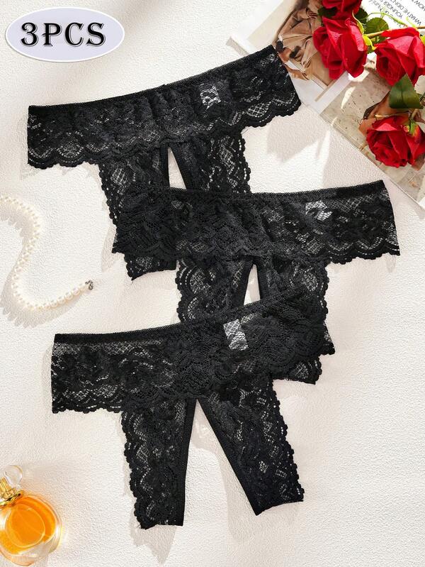 3 قطع من السراويل الداخلية النسائية ذات اللون الأحادي، تصميم شبكي شفاف في المنطقة الحساسة، بأسلوب أنيق وأنثوي، باللون الأسود، ملابس داخلية مريحة للنساء للمواعدة الرومانسية