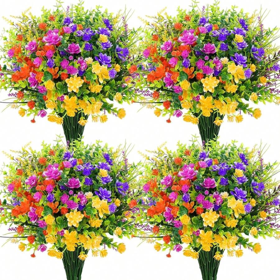 20 paquetes de flores artificiales para decoración al aire libre, plantas de plástico falsas resistentes a los rayos, arbustos de flores falsas para primavera, verano, jardín, porche, ventana, decoración del hogar, color mixto - Naranja Amarillo - Ver 1