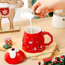 1pc 350ml/11.84oz Ceramic Christmas Tree Mug With Lid And Spoon, Creative 3D Cartoon Christmas Theme Coffee Cup, Milk Cup, Available In 3 Colors, Suitable For Christmas Holiday, Office Gathering, Cute Christmas Gift - Multicolor - View 6