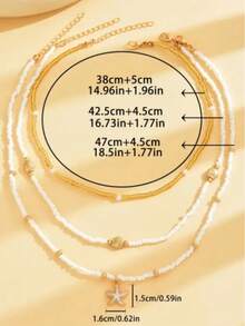 3pcs Women's Fashionable Necklace, Summer Seaside Vacation Shell Pendant Rice Beads Beaded Necklace Simple Girl Style Faux Pearl Inlaid Golden Beads Multiple Stacked Necklace Set, Glass Rice Beads Material, Summer Seaside Vacation Sends Girlfriend, Summer Rice Bead Necklace Halloween Costume