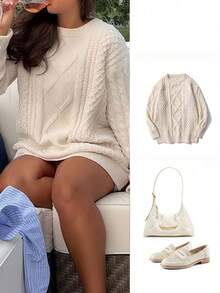 Women's Vintage Style Round Neck Casual Cable Knit Sweater, Autumn