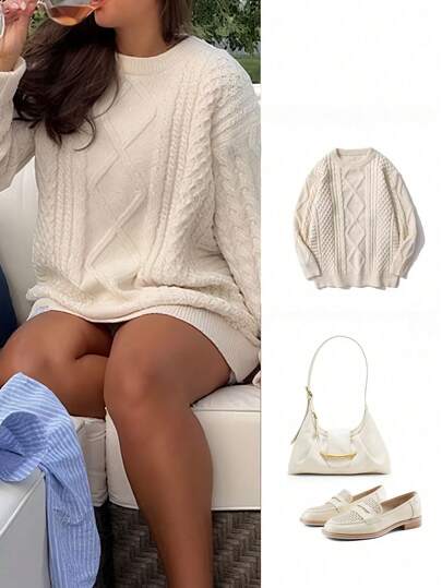 Women's Vintage Style Round Neck Casual Cable Knit Sweater, Autumn