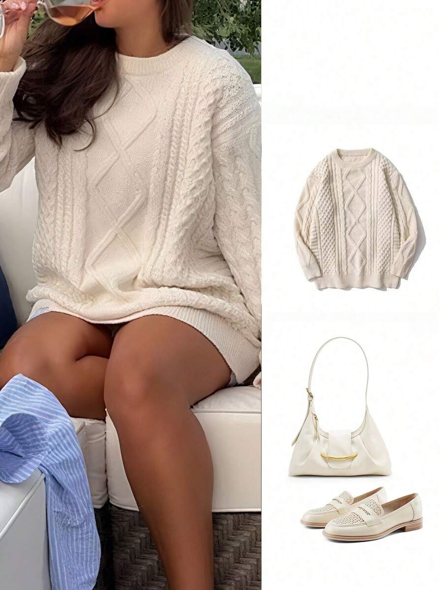 Women's Vintage Style Round Neck Casual Cable Knit Sweater, Autumn