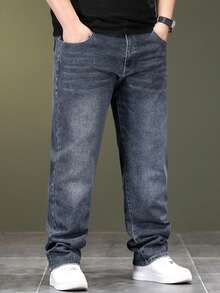 Plus Size Men's Casual Loose Straight Leg Denim Jeans With Oblique Pockets - Dusty Blue - View 3