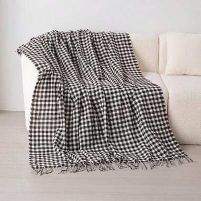 1 件长方形双色格子编织沙发毯，休闲涤纶流苏盖毯，适合办公室午睡，适合日常使用