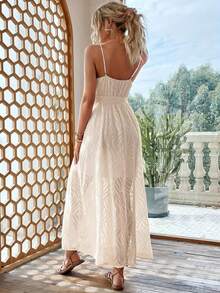 Elegante Vestido Casuales Para Mujer De Textura,Vestido Largo Con Abertura y Cuello En v Para Vacaciones - Beis - Ver 2