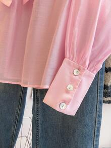 Leichte, transparente rosa Rüschen V-Ausschnitt Schleife Langarm elegante Bluse für Frauen, geeignet für Frühling/Sommer, Valentinstag - Pink - Übersicht 6