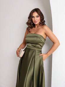 Elegant Strapless Party Dress With A Slit On The Leg, Maid Of Honor, Mother Of The Bride, Guest And Graduates. - xanh quân đội - Xem 5