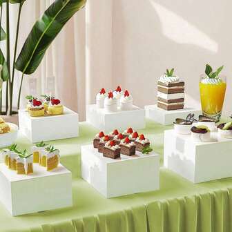 3pcs/6pcs White Acrylic Self-Serve Food Display Stands, 5-Sided Acrylic Multi-Function Stands With Hollow Bottom, Suitable For Breakfast, Buffet, Wedding, Party. (Please Carefully Select The Appropriate Set, The Product Has Detailed Size Markings, And The Set Sizes Vary.) Cube Paper Cup Cake Fruit Dessert Display Stand, 5-Sided Buffet Box.