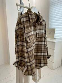 Women's Plaid Brushed Button-Front Pocket Casual Shirt