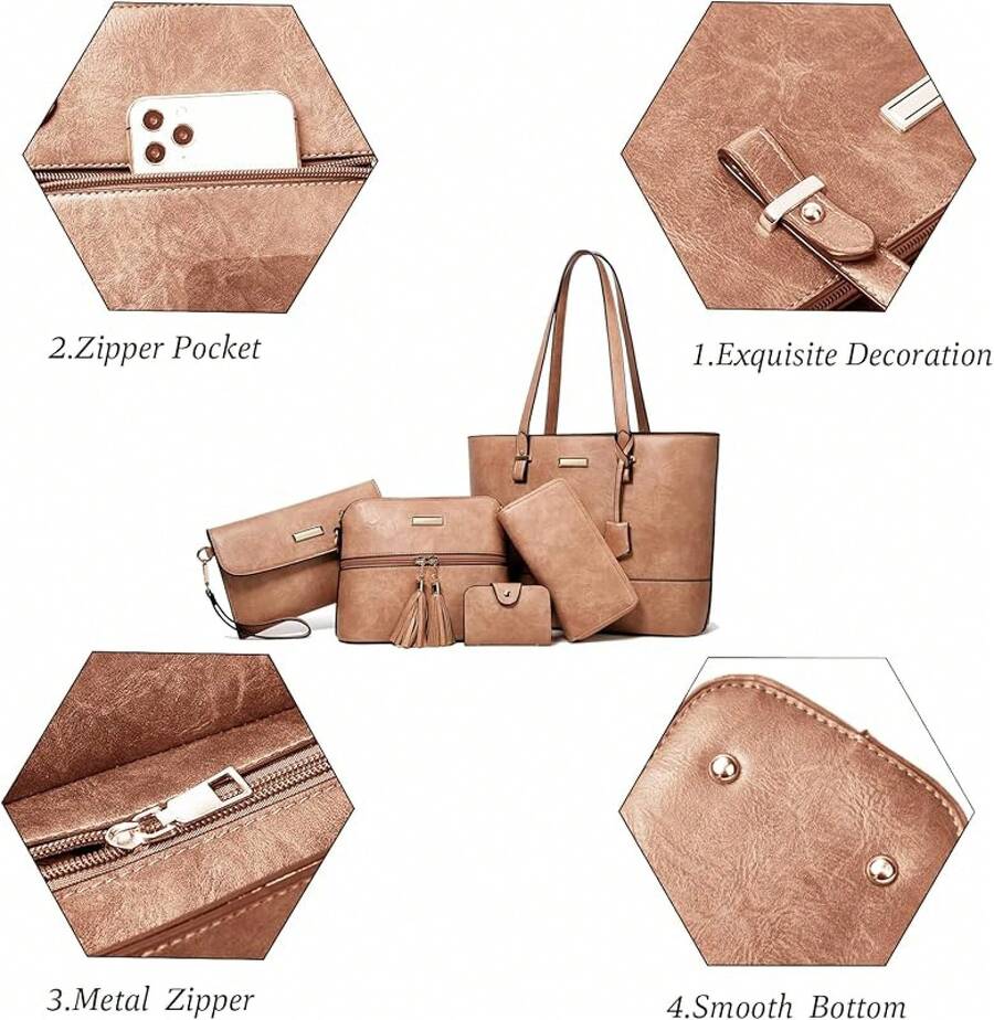 YNIQUE Juego de 5 piezas de bolsos de mano para mujer, bandoleras con empalme de colores contrastantes, diseño informal para escuela y trabajo - 1-4 Rosa y Albaricoque - Ver 1