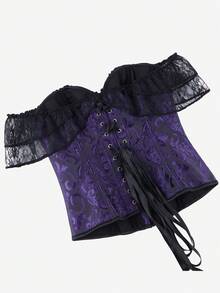 露肩蕾丝边装饰束胸上衣、紧身胸衣、紧身胸衣、无肩带女式外套、万圣节复古滑稽舞台表演服装 - 紫色 - 查看 3
