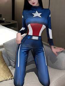 1 件女式圣诞超级英雄主题五角星图案紧身连体衣，适合直播、舞台表演、派对和电影/电视表演 - 彩色 - 查看 3