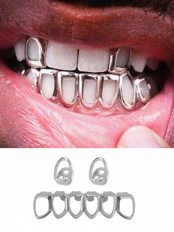 1 Set Classic Double Hollow Combination Fully Hollow Metal Hip Hop Teeth Grillz, Suitable For Daily Wear, Party, Unisex