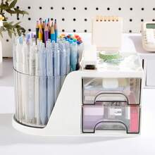 1pc Pen Storage Box, 360 Rotating Desktop Pen Container, Multifunctional Desktop Organizer, Bathroom Rack, Transparent Drawer Student Pen Rack Storage Box, Desktop Display Box, Dormitory Storage, Stationery Storage, Back-To-School Supplies. - White - View 10