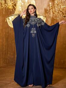 UNITHORSE Women's Stand Collar Long Sleeve Applique Satin Long Temperament Evening Dress - Navy Blue - View 3
