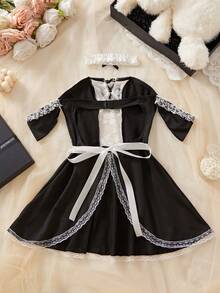 Sexy Lingerie Costume Black&White Lace Patchwork Costume Sexy Maid Costume Cosplay Jumpsuit And Apron 3pcs/Set For Women - 黑與白 - 查看 10