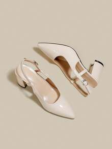 女士米色漆皮尖头单带粗跟高跟鞋，优雅尖头正式高跟鞋，时尚露跟高跟鞋 - 米色 - 查看 5