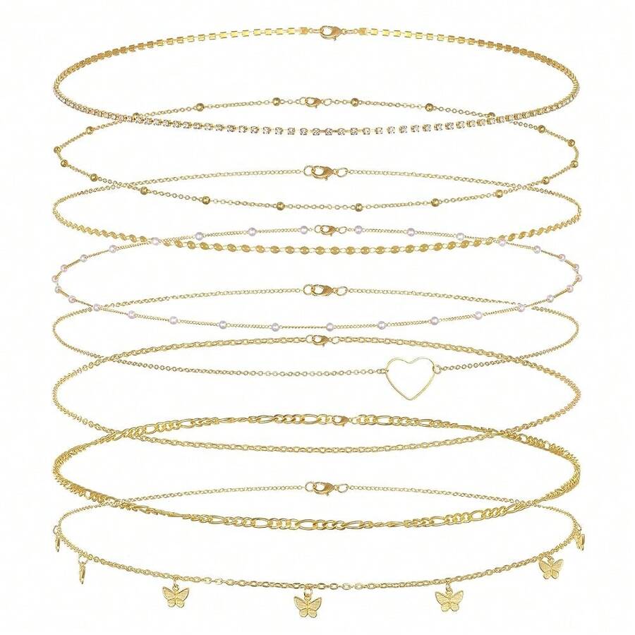Tornito 8Pcs Waist Belly Chain 18K Gold Plated CZ Heart Pearl Snake Bead Sequin Paperclip Belly Chain Summer Beach Sexy Body Chains Jewelry Accessories For Women Adjustable-478326 - C:8件(蝴蝶) - 查看 1