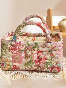 Floral Pattern Storage Basket Women Quilted Floral Laundry Baskets Small Storage Bin Laundry Organizers Easy Carry Handles Hampers Travel Tote Bag - Multicolor - View 14
