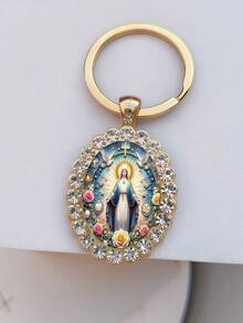 1pc Elegant Painted Virgin Mary Oval Glass Keychain, Romantic For Mother's Day Halloween Accessories Teachers Day Christmas Gift Ideas Bag Accessories Lanyards With Id Holder Car Accessories Bag Charms
