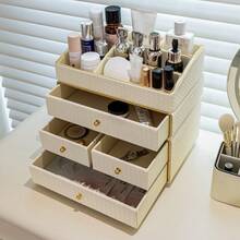 1pc Multi-Drawer Makeup Storage Box, Desktop Organizer, Woven Jewelry Box, Compartmentalized Cosmetic Storage, Large Capacity Makeup Display Rack, Leather Woven Texture Storage Container, Handmade Skincare Bottle & Jar Holder, Suitable For Home Organization, Entryway, Living Room, Bedroom, Vanity